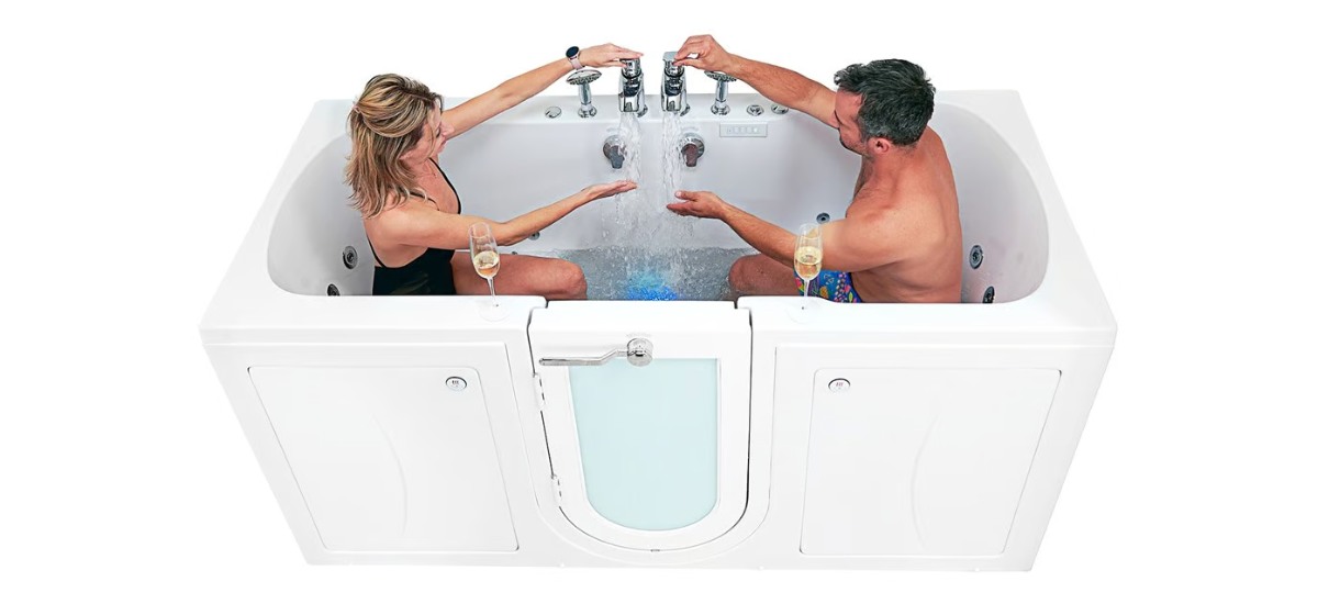 Walk-in bathtub with easy-access door and handrails