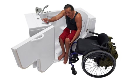 Walk-in tub with high walls for deep soaking