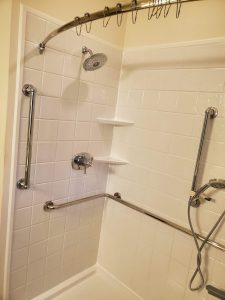 Senior-friendly walk-in bathtub with non-slip surface