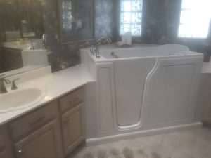 Shower and tub combo in a modern bathroom setup